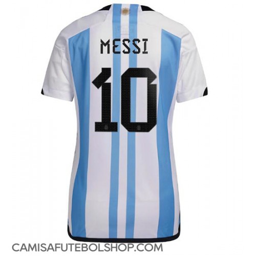 Camisa de time de futebol Argentina Lionel Messi #10 Replicas 1º Equipamento Feminina Mundo 2022 Manga Curta